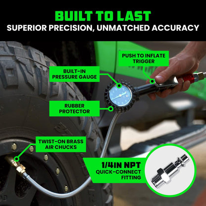 Rhino USA Tire Pressure Gauge with Inflator (0-100 PSI) - Heavy Duty Air Chuck and Compressor Accessories with Stainless Braided Hose, Large Analog Dial and Solid Brass Hardware for Truck and RV