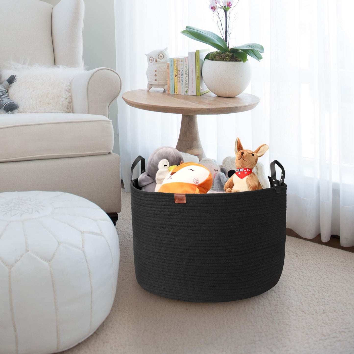 GOCAN Extra Large Storage Laundry Basket 22" X 22"X 14" Cotton Rope Woven for Blanket Basket with Handles for Living Room Toys Storage XXXL (Pure Blk)