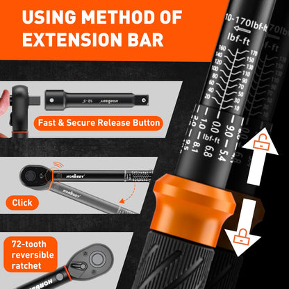 HORUSDY 1/2-Inch Drive Click Torque Wrench Set – 10–170 ft-lb / 13.6–230.5 Nm, ±3% Precision, Dual Scale, 72-Tooth Reversible Head with 5" Extension & Adapter for Car, Tire, and Motorcycle Use