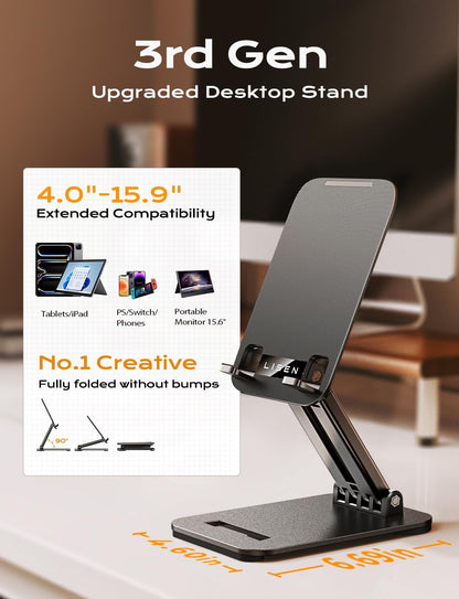 LISEN Tablet Stand for iPad Stand Holder Desk, Foldable Home Office Desk Accessories Travel for iPad Holder Dorm College Essentials Portable Monitor Fits Tabs Kindle iPhone 4-15.9" Black