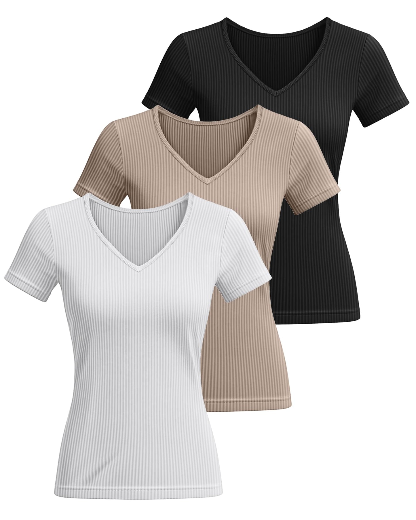 Ficerd 3 Pack Women's Short Sleeve Cotton T-Shirts V Neck Ribbed Slim Fit Tops Ladies' Casual Summer Basic Tee(Black, White, Khaki,L)