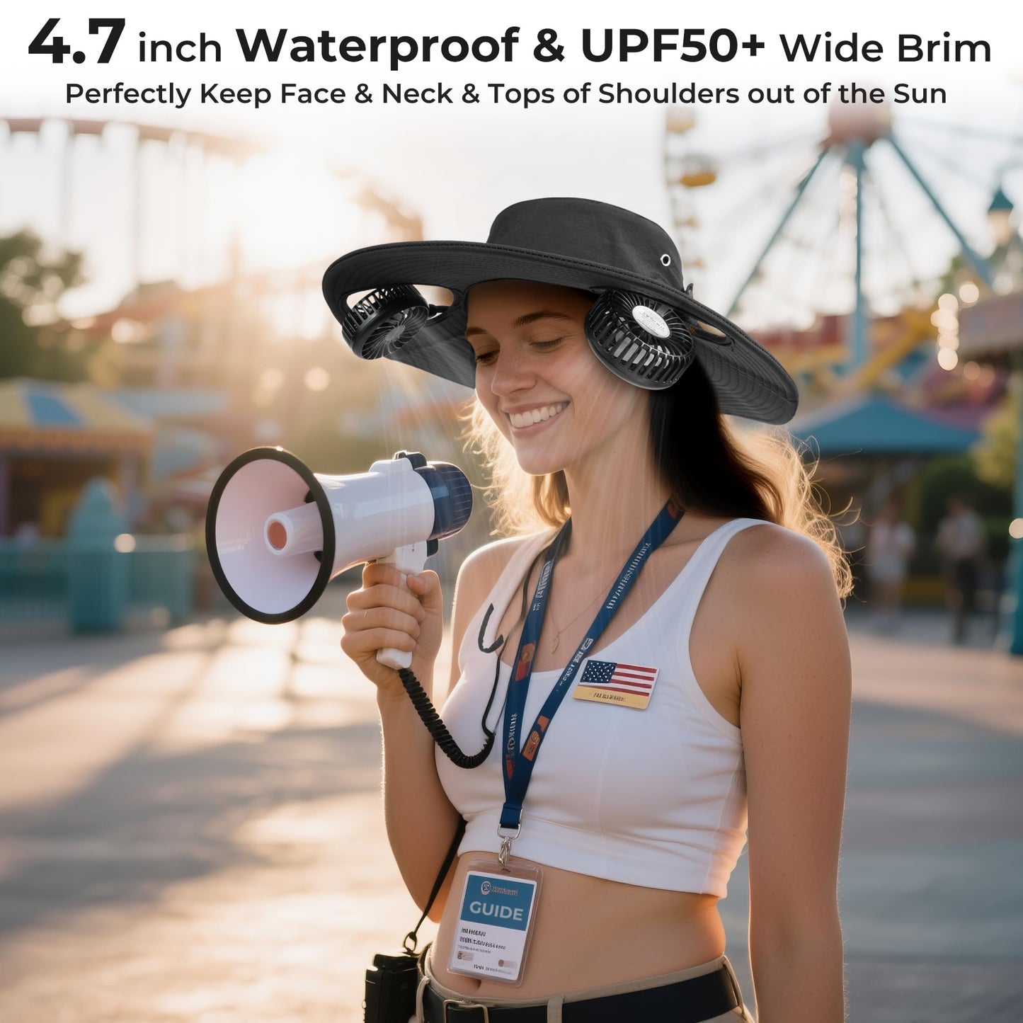 AMACOOL 2-in-1 Hands-free Hat Fan with Detachable Neck Fan, UPF 50+ Wide Brim Sun Hat, 3-Speed Adjustable, 2600mAh Rechargeable Fishing Essentials for Men Women Camping Travel Delivery Outdoor-Black