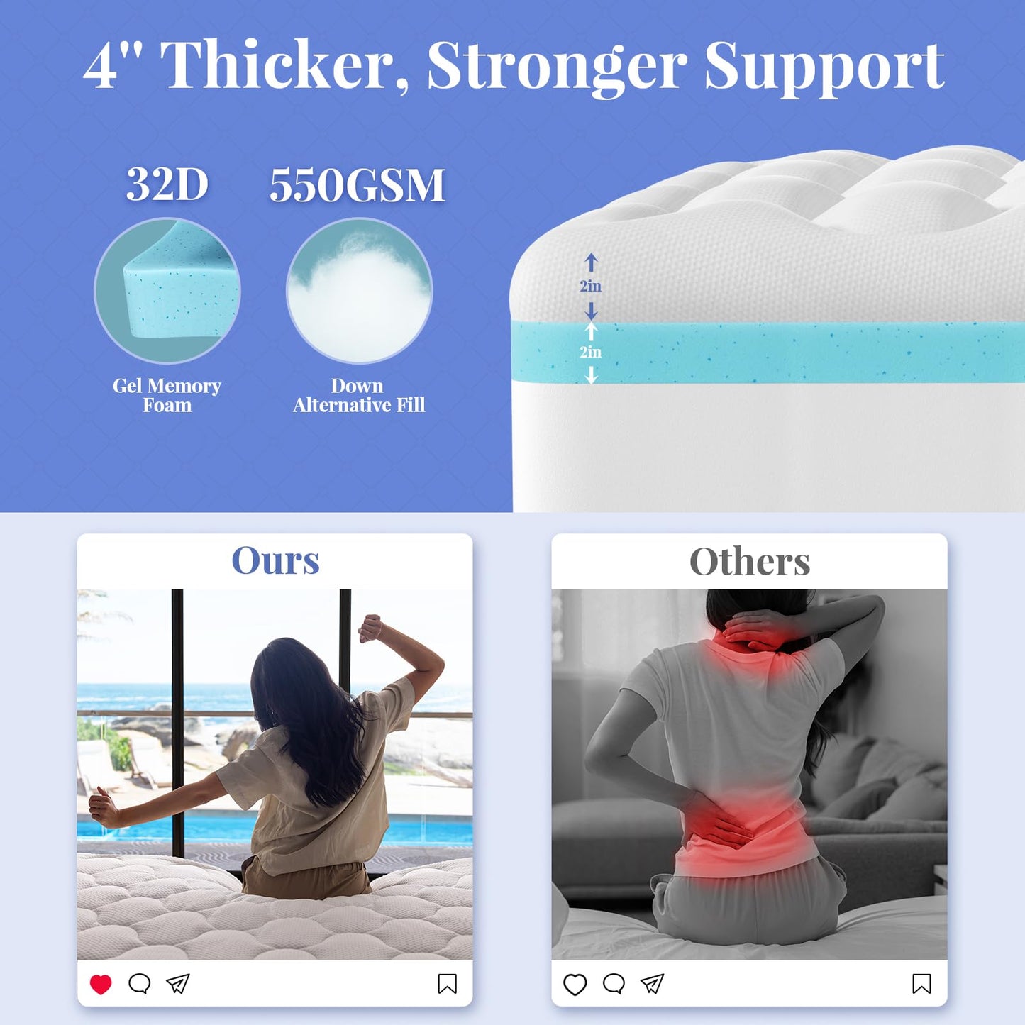 OhGeni Cooling 4 inch Dual Layer Queen Mattress Topper, 2 inch Gel Memory Foam, 2 inch Down Alternative Pillow Top Pad, Mattresses Cover for Bed, Medium Support, Fits 6”-19” Deep Pocket