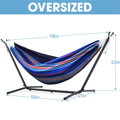 OUTDOOR WIND 550lbs Capacity Double Hammock Adjustable Hammock Bed with 10ft Heavy Duty Steel Stand Includes Portable Carrying Case, Easy Set up Blue Pinstrip B