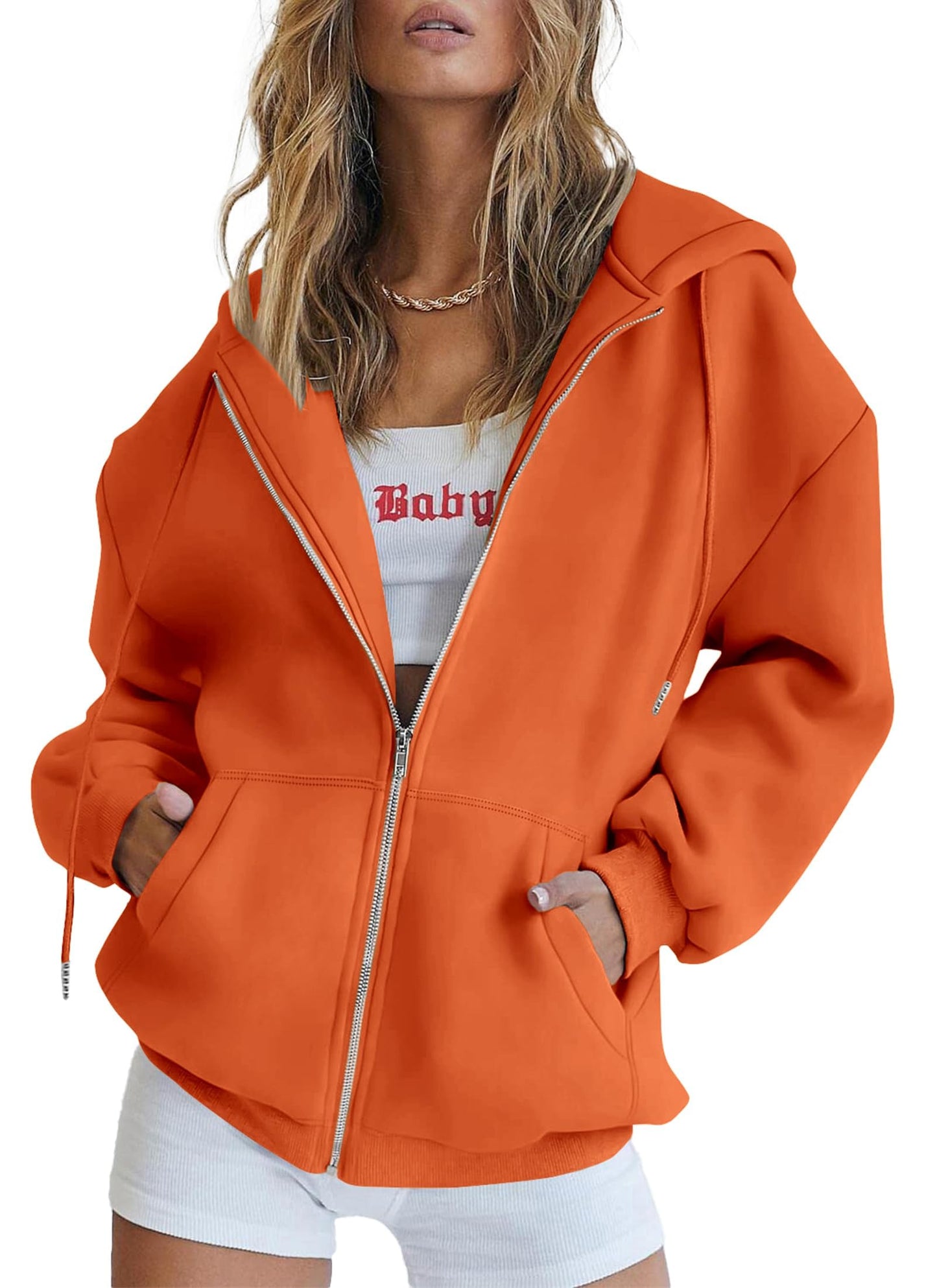 PRETTYGARDEN Women's 2025 Zip Up Y2K Hoodies Casual Long Sleeve Sweatshirts Fall Spring Track Jackets with Pockets (Orange,Large)