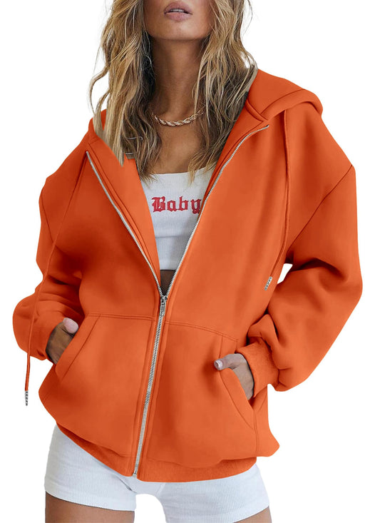 PRETTYGARDEN Women's 2025 Zip Up Y2K Hoodies Casual Long Sleeve Sweatshirts Fall Spring Track Jackets with Pockets (Orange,X-Large)
