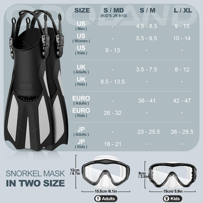 Odoland Snorkel Set, Snorkeling Packages with Dry Top Diving Mask, Adjustable Swim Fins, Mesh Bag, Anti-Fog Anti-Leak Snorkeling Gear for Men Women Adult, Black L/XL
