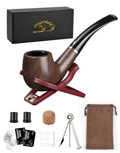 Joyoldelf Tobacco Pipe Set, Short Handle Curved Smoking Pipe with Foldable Pipe Stand Holder, Pipe Starter Kit for Beginner with Gift Box and Accessories