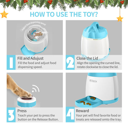 PETGEEK Dog Treat Dispenser with Button, Automatic Dog Feeder with Remote Control and Dual Power Supply, Dogs Puzzle Toys and Interactive Pet Stimulation Toys for Indoor/Outdoor Play (Blue)