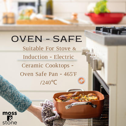 Moss & Stone 5 Pcs Copper Chef Cookware Non Stick Deep Frying Pan, Fry Basket, Steamer Rack, Dishwasher & Oven Safe, 5 Qt Deep Square Pan, Induction Copper Cookware Set - 9.5" x 3.5"