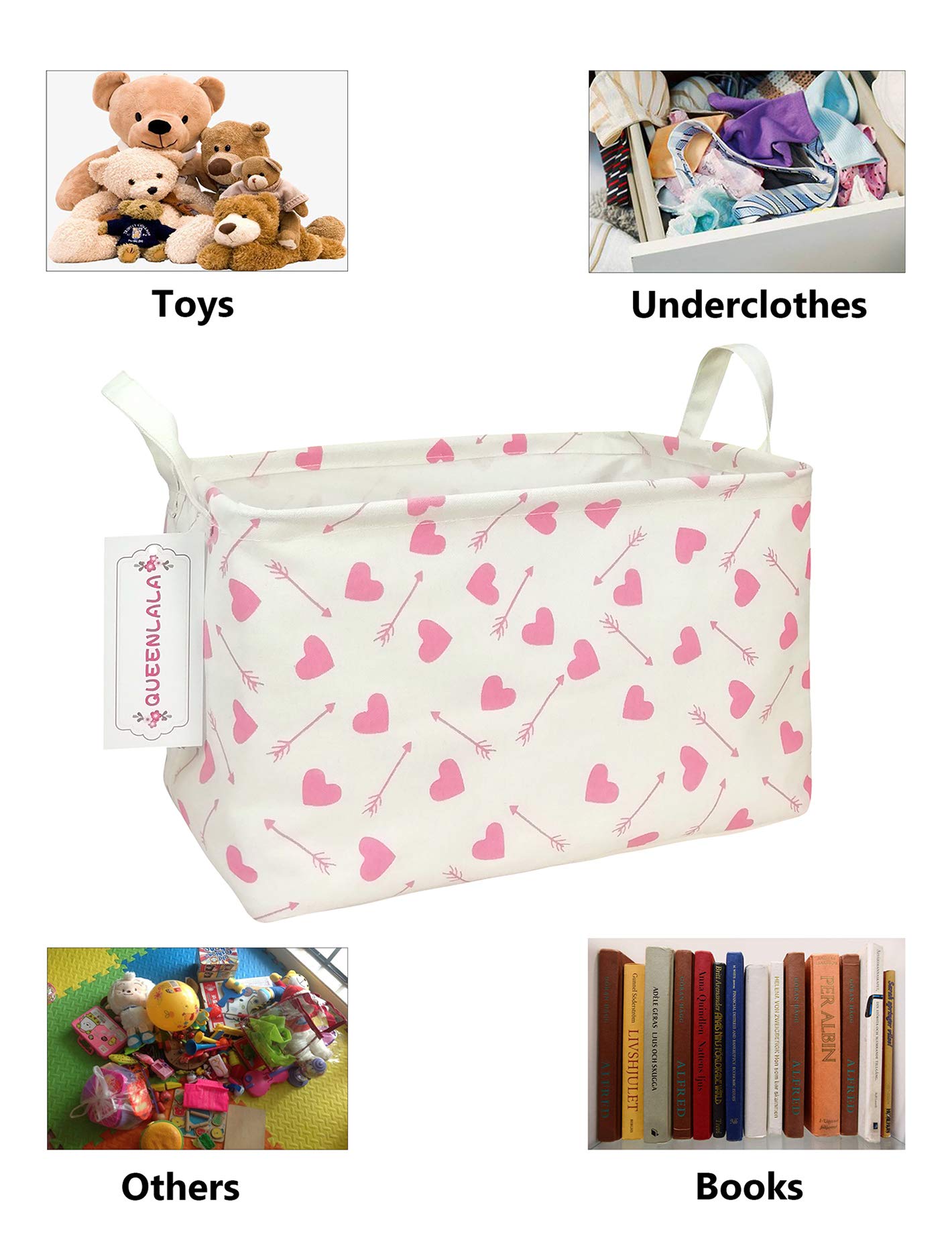 QUEENLALA Rectangular Laundry Hamper/Foldable Nursery Laundry Basket for Organizing/Storage Bin Baskets/Children Toy Office Bedroom/Toy Bin Closet Shelf Baskets（Rec-Pink-Heart Arrow）