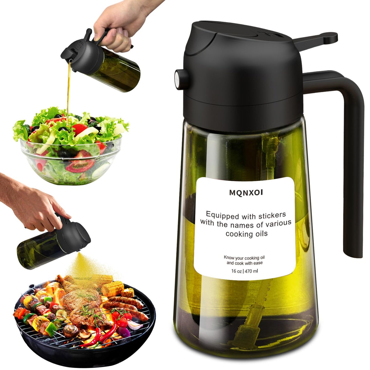mqnxoi 2 in 1 Glass Oil Sprayer & Dispenser,16oz/470ml Olive Cooking, Air Fryer, and Salad, for Kitchen Gadgets and Air Fryer Accessories, w/Stickers (Black + Dark Green Bottle 2)