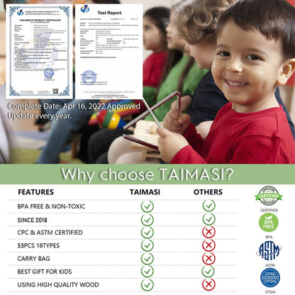 Kids Musical Instruments, 33Pcs 18 Types Wooden Percussion Instruments Tambourine Xylophone Toys for Kids Children, Preschool Education Early Learning Musical Toy for Boys and Girls