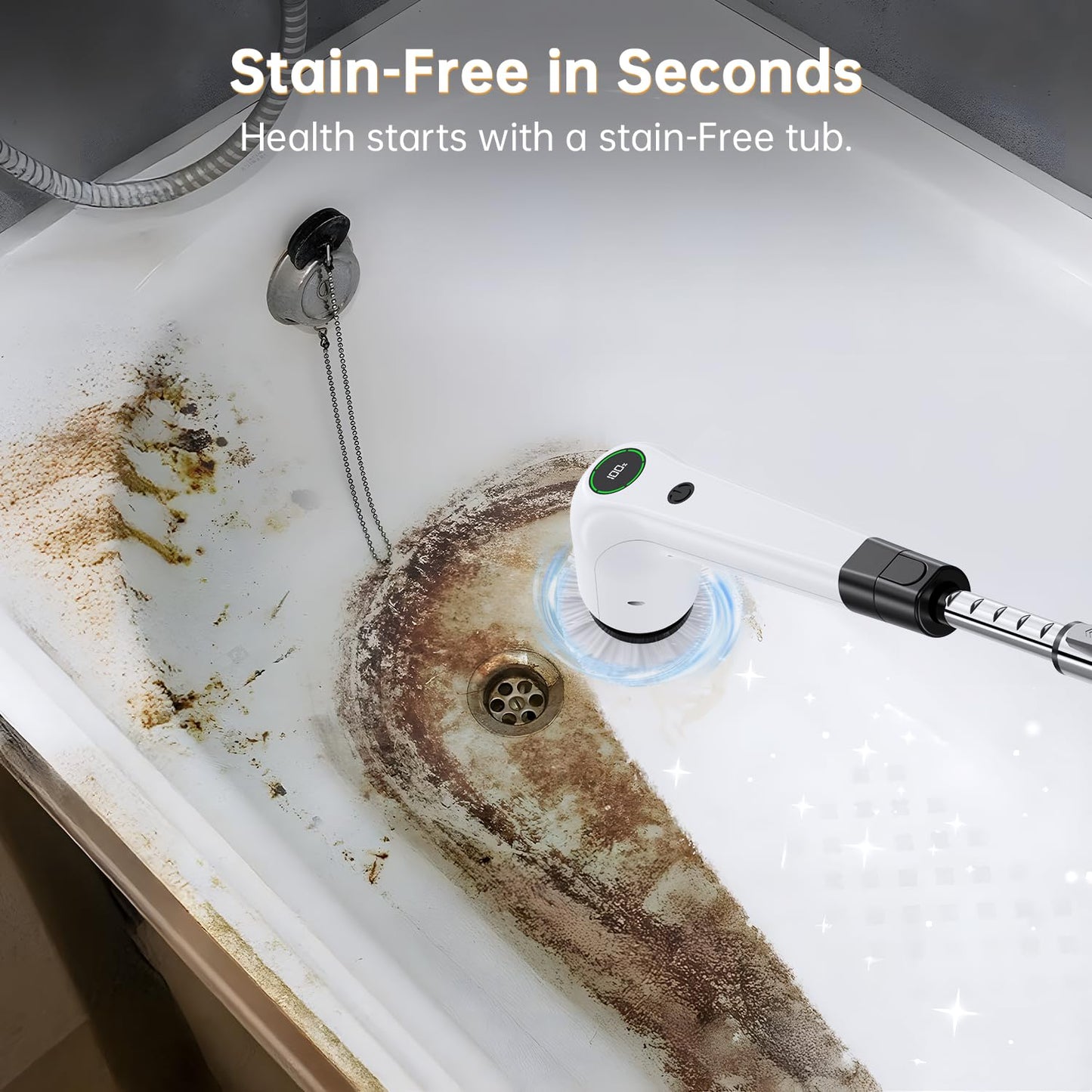 PUFTEM Electric Spin Scrubber, Cordless Shower Scrubber with 8 Scrub Brush, 2 Speed with Adjustable Extension Handle, Battery Level Display, Power Scrubber for Bathroom Bathtub Tile Floor, Black