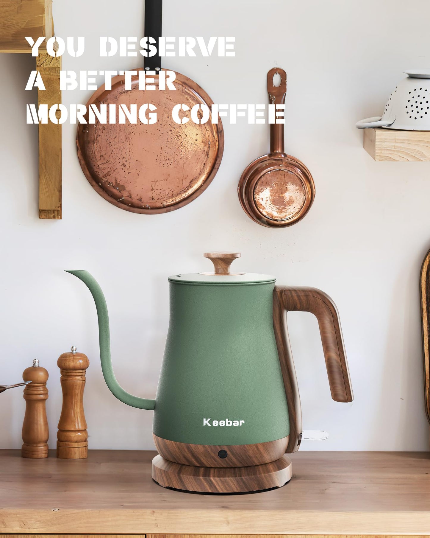 Keebar Gooseneck Electric Kettle, Electric Tea Kettle Stainless Steel, Pour over kettle for Coffee, 1000W Hot Water Kettle Electric Auto Shut Off, 0.8L, Wood-like Grain Finish Handle, Matcha Green