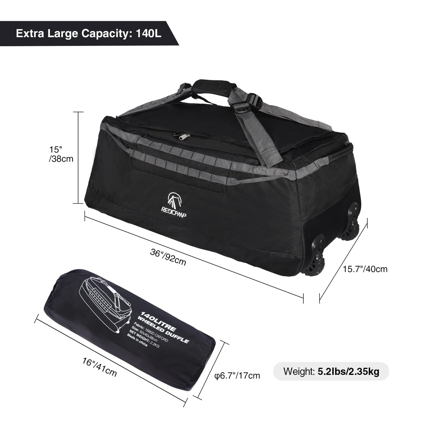 REDCAMP Foldable Duffle Bag with Wheels, 140l Black
