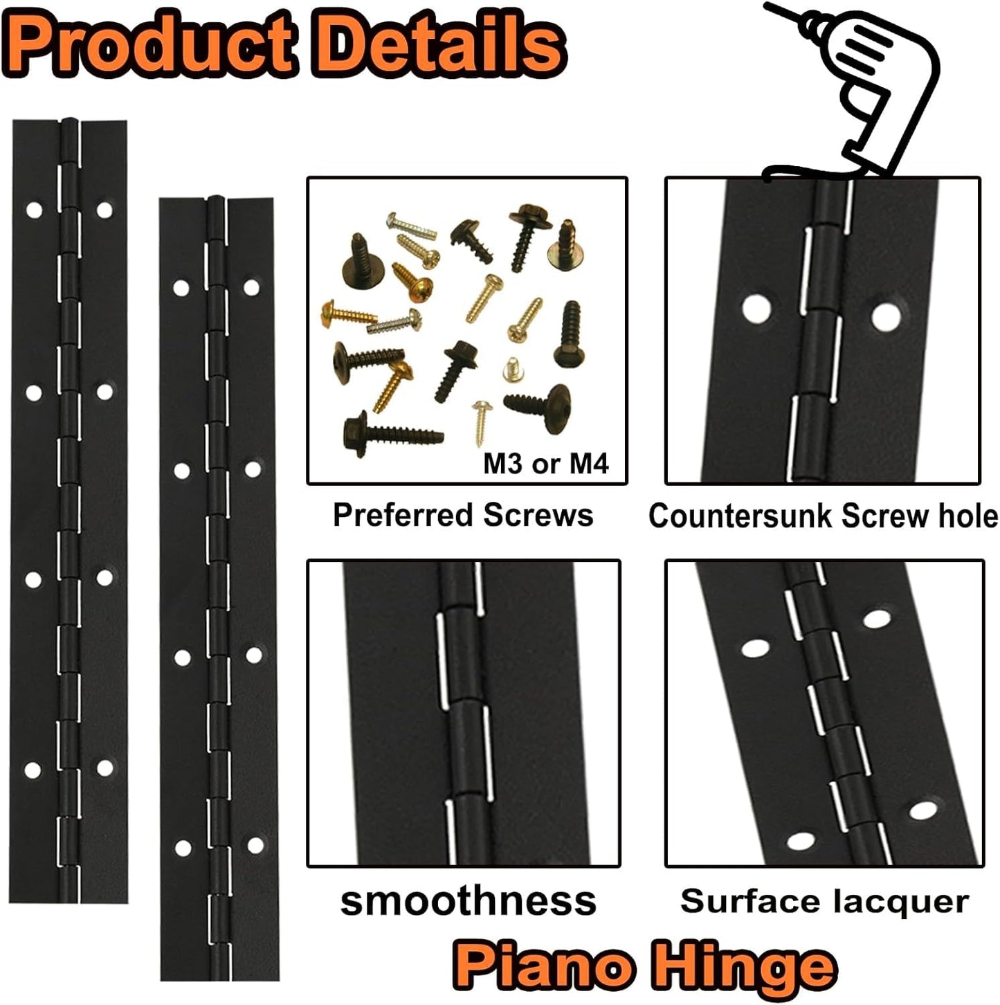 6Packs BlackContinuous & Piano Hinge, 12'' Heavy Duty Door Hinges with Holes, Stainless Steel Piano Hinge for Mailbox, Wood Furniture Tool/Storage Boxes, Cabinets Door, Piano