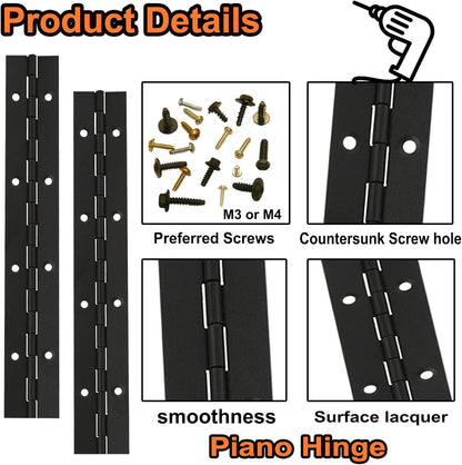 6Packs BlackContinuous & Piano Hinge, 12'' Heavy Duty Door Hinges with Holes, Stainless Steel Piano Hinge for Mailbox, Wood Furniture Tool/Storage Boxes, Cabinets Door, Piano