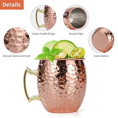 Amrules Moscow Mule Mugs Set of 4, 16 OZ Hammered Copper Cups with 304 Stainless Steel Lining and Gold Brass Handles, for Cold Drinks, Beer, Wine, Bars, Parties