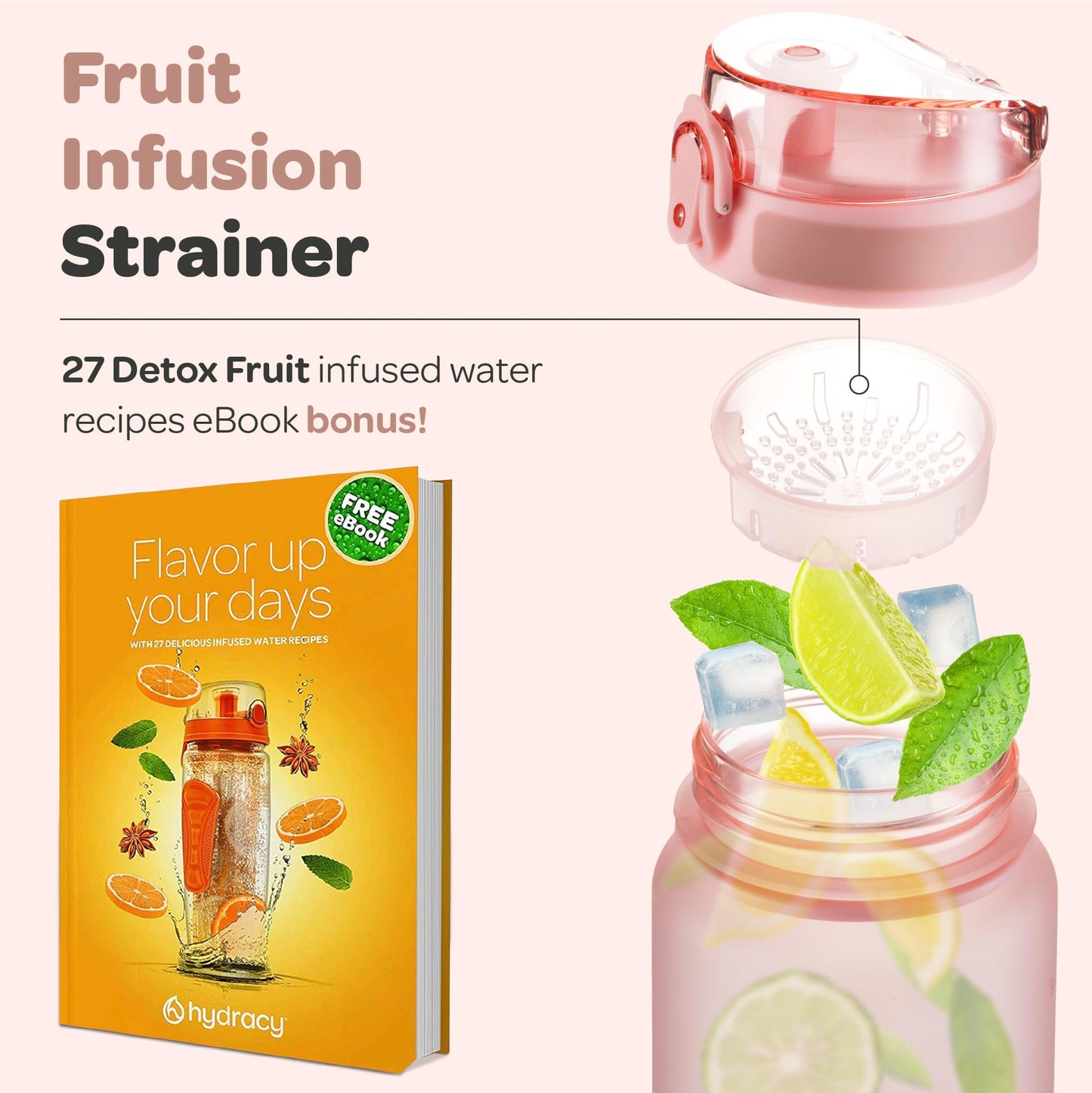 Hydracy Water Bottle with Time Marker -Large 32oz BPA Free & No Sweat Sleeve -Leak Proof Gym Bottle with Fruit Infuser Strainer & Times to Drink -Ideal for Fitness Sports & Outdoors