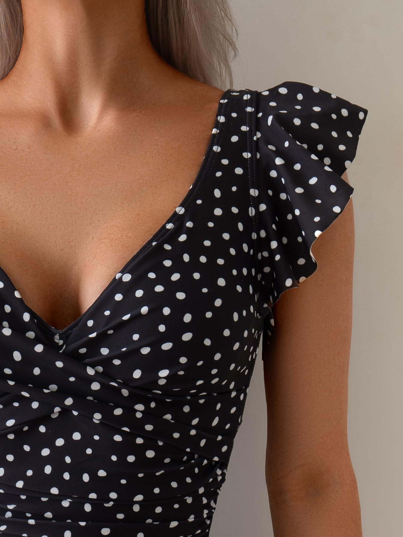 Aidonger One Piece Swimdress Tummy Control Ruffle Swimsuit for Women Tie Knot Swim Dresses V Neck Bathing Suit Skirt Black Polka Dot