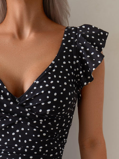 Aidonger One Piece Swimdress Tummy Control Ruffle Swimsuit for Women Tie Knot Swim Dresses V Neck Bathing Suit Skirt Black Polka Dot