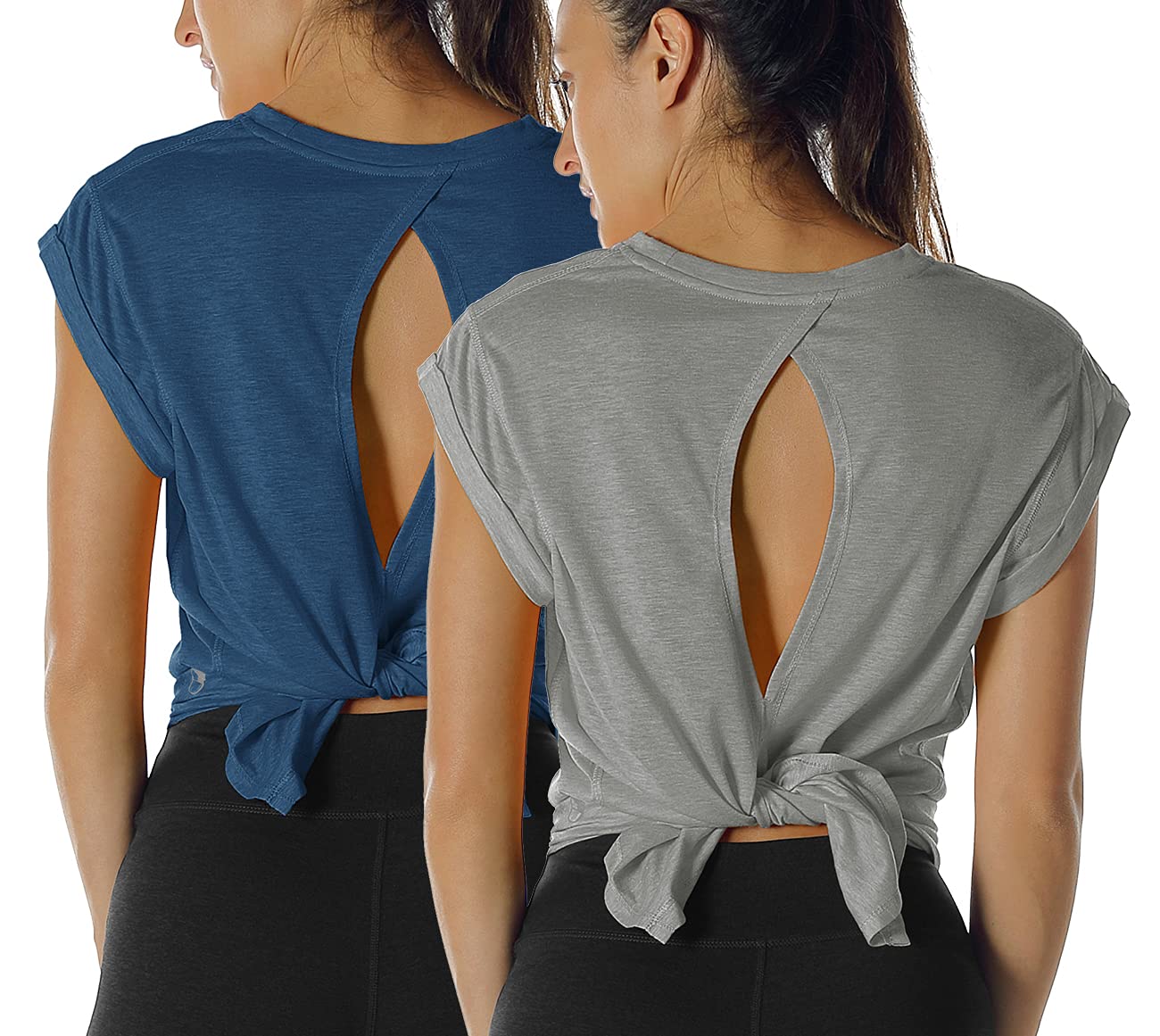 icyzone Open Back Workout Top Shirts - Yoga t-Shirts Activewear Exercise Tops for Women(Pack of 2) (S, Grey/Denim)