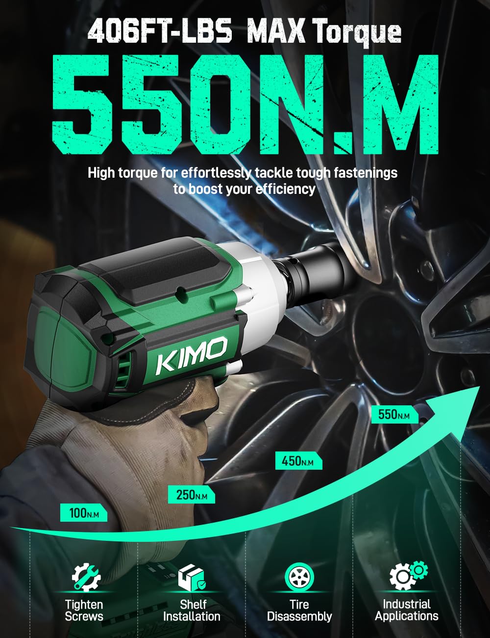 KIMO Impact Wrench 1/2, Max Torque 406ft-lbs (550N.m) & 3000RPM /Premium Brake Stop, 9-Piece Drill & Serewdriver Set, 4 Sockets, Cordless Impact Wrench with 4000mAh Battery, Impact Driver for CarTires