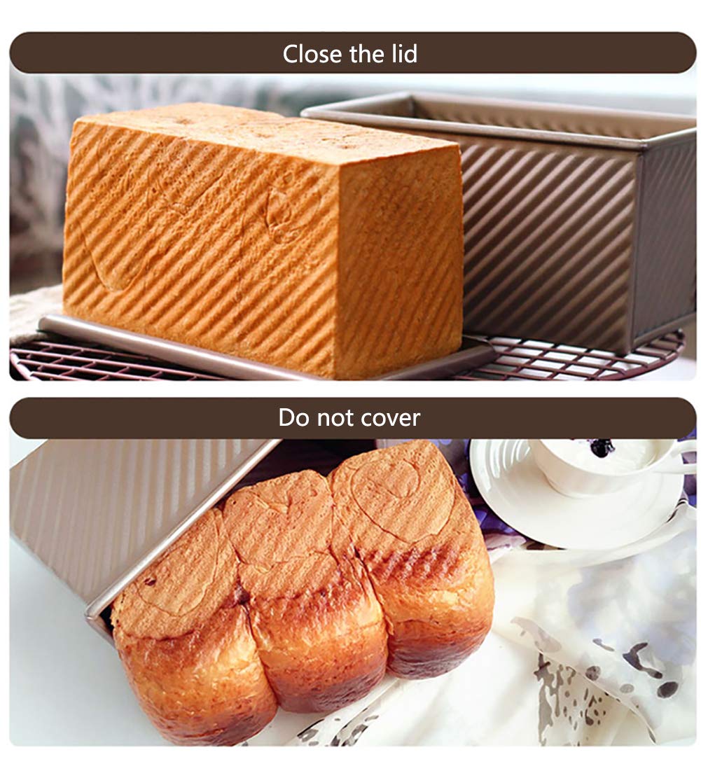 Pullman Loaf Pan with Lid, Non-Stick Bakeware Golden Corrugated Carbon Steel Bread Toast Box Mold with Cover for Baking Bread, 1 lb Dough Capacity