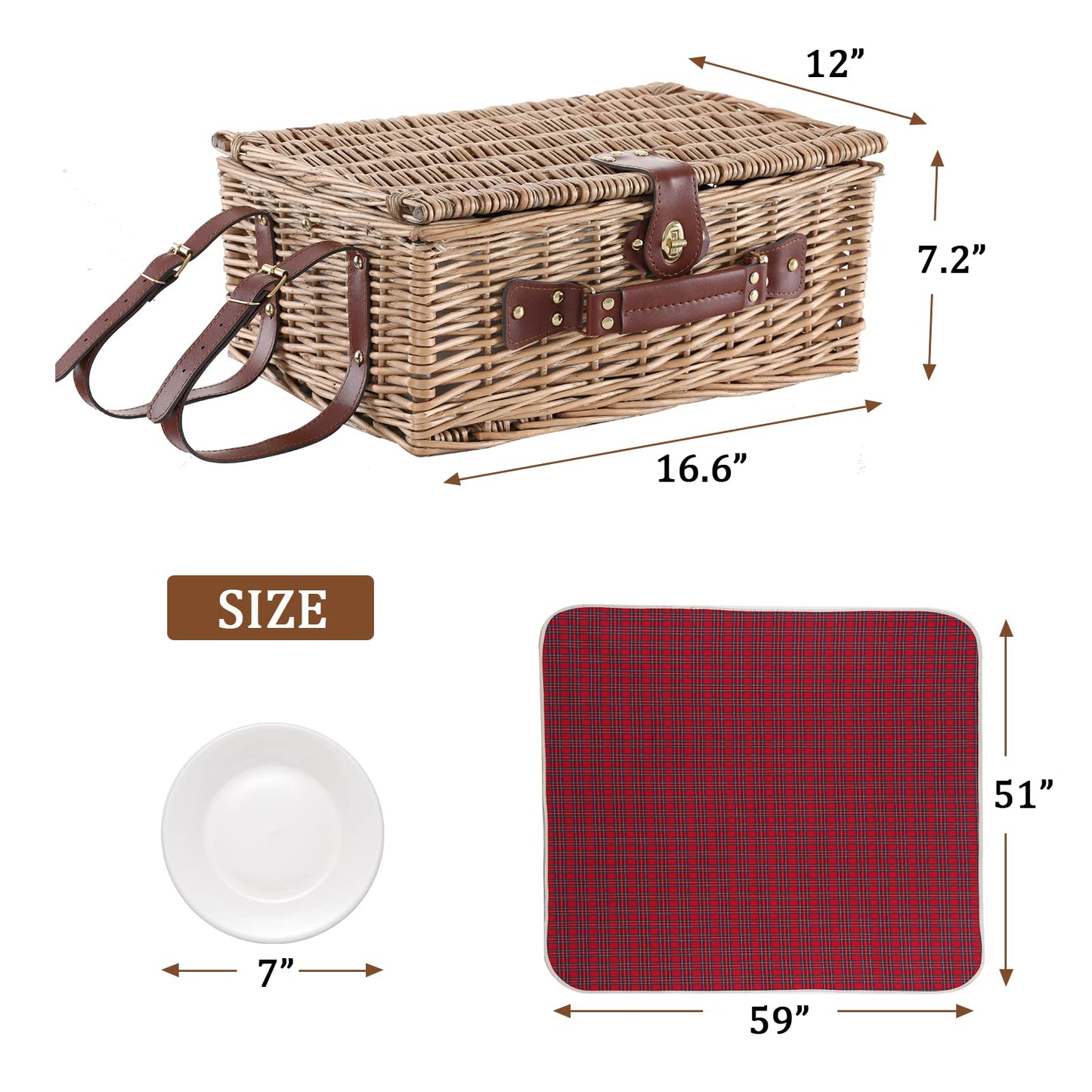 HYBDAMAI Wicker Picnic Basket for 4 with Waterproof Picnic Blanket and Insulated Cooler, Willow Hamper for Camping, Outdoors, Photoshoot, or a Birthday, Valentine’s Day, Wedding Gift