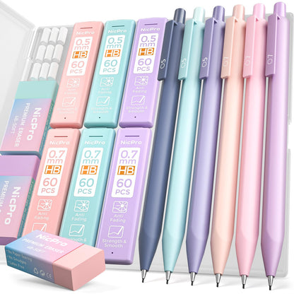Nicpro 6PCS Pastel Mechanical Pencil Set with Case, Cute Drafting Pencils 0.5mm & 0.7mm with 6 Tubes HB Lead Refills, Erasers, Eraser Refills, Aesthetic School Supplies for Girls Drawing Sketching