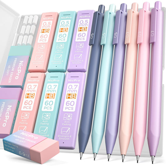 Nicpro 6PCS Pastel Mechanical Pencil Set with Case, Cute Drafting Pencils 0.5mm & 0.7mm with 6 Tubes HB Lead Refills, Erasers, Eraser Refills, Aesthetic School Supplies for Girls Drawing Sketching