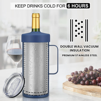 MAXSO 42oz Wine Chiller Iceless Cooler Tumbler - Gift for Wine Lovers, 2-IN-1 Stainless Steel Vacuum Insulated Bucket Portable Mug Cup Wine Accessory Keep Cold, Fit Most 750ml Wine & Champagnes, Blue