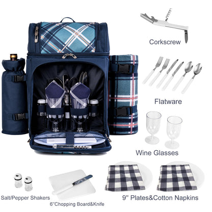 ALLCAMP Picnic Basket Backpack Cooler for 2 Person with 2 Insulated Cooler Compartment,Detachable Bottle/Wine Holder, Fleece Blanket, Plates and Cutlery for Family,Couple and Friend Gatherings (Blue)