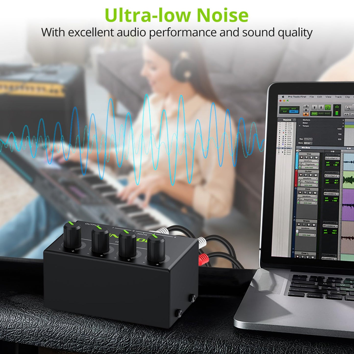 LiNKFOR 4 Channel Stereo Audio Mixer CX400 Metal Shell Support RCA Input and Output Mini Passive Stereo Mixer with Separate Volume Controls