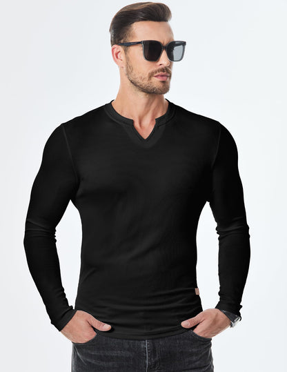 JMIERR Muscle Shirts for Men Slim Fitted T Shirt V-Neck Casual Longline Henley Shirt Long Sleeve Gym Workout Athletic Tees Shirts, S, Black
