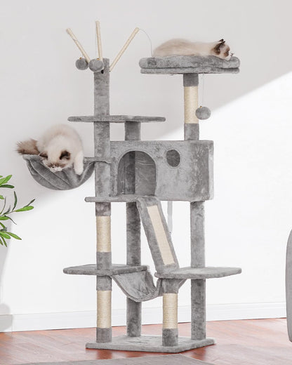 Hey-brother Cat Tree, 53 inch Cat Tower for Indoor Cats, Cat House with Padded Platform Bed, Toy Balls, Large Cozy Condo, Hammocks and Sisal Scratching Posts, Light Gray MPJ019-SW