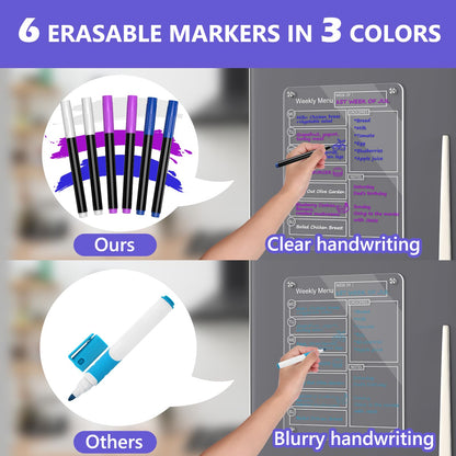 16''x12'' Acrylic Meal Planner Magnetic Menu Board for Kitchen Fridge, Clear Weekly Calendar Planning Board Noteboard Dry Erase Board to Do/Grocery/Shopping List/Chore Chart Includes 6 Markers
