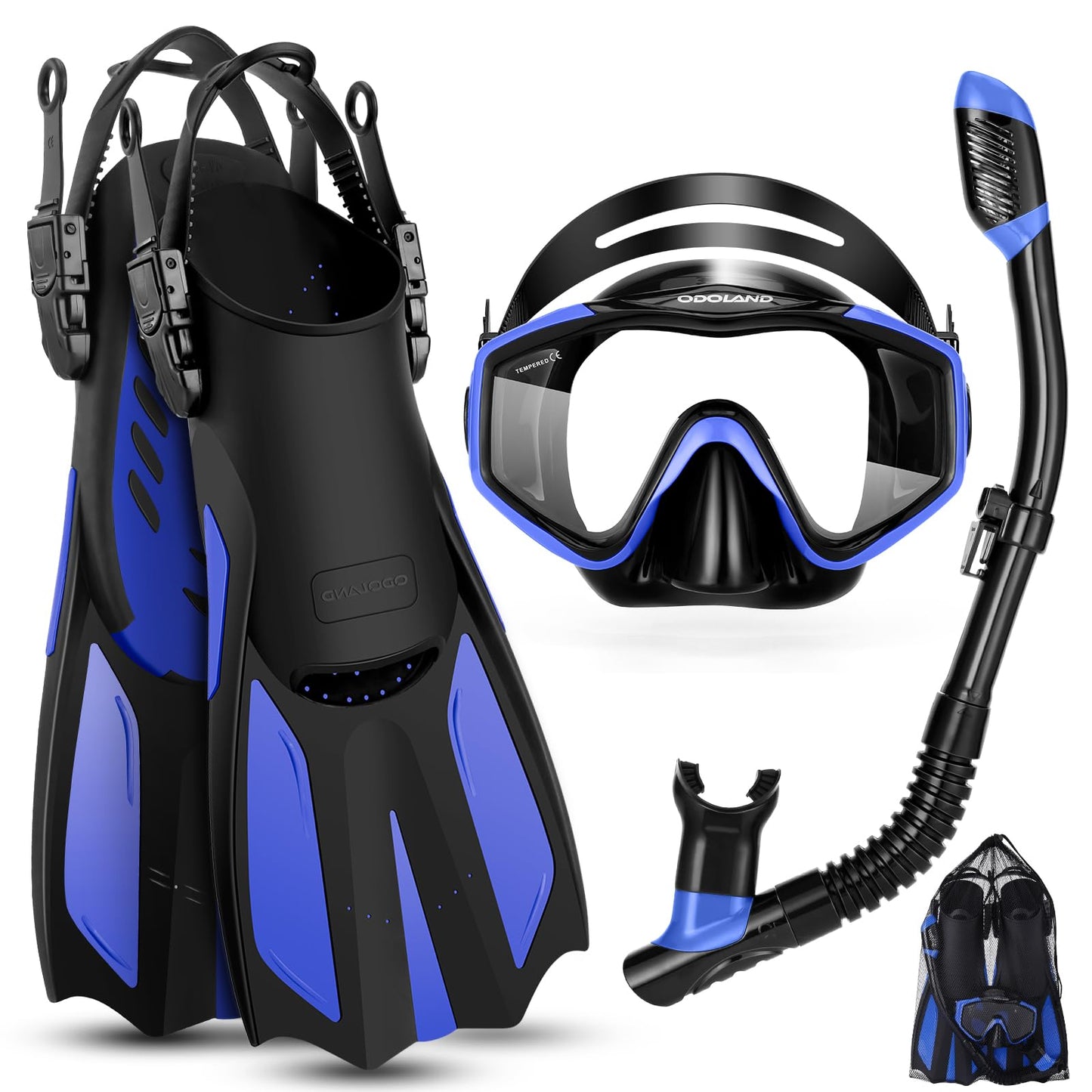 Odoland Kids Snorkeling Packages Snorkel Set, Anti-Fog and Anti-Leak Dry Top Snorkel Mask with Adjustable Swim Fins for Boys and Girls Age 7-14, Blue