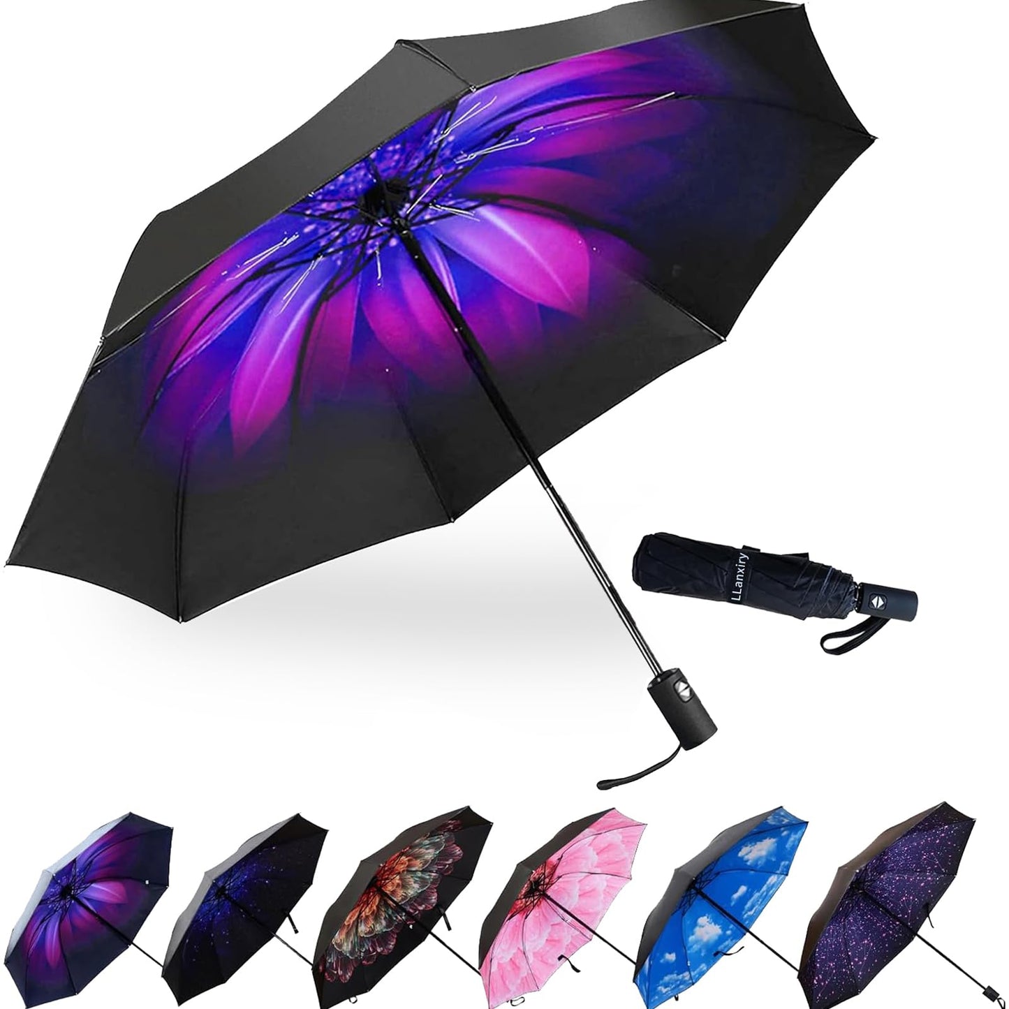LLanxiry Compact Travel Umbrella, Mini Windproof Umbrellas for Rain & Sun, Small Lightweight Outdoor UV Umbrella, Portable Folding Umbrellas for Travel (Orchid)