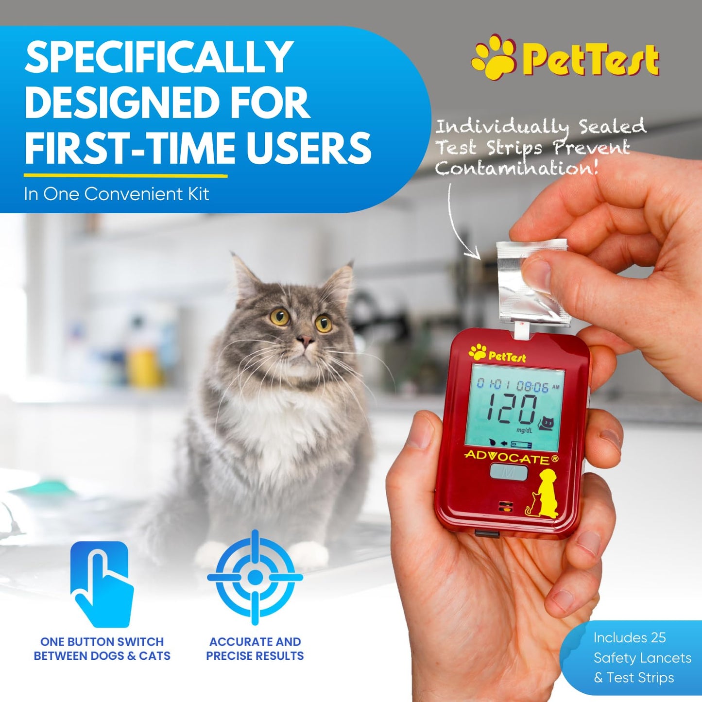PetTest Beginner Glucose Monitoring Kit for Dogs & Cats, Diabetic Pet Blood Sugar Check Gear, Includes Classic Meter, 25 Test Strips, 25 Safety Lancets, Soft Carrying Case, and More