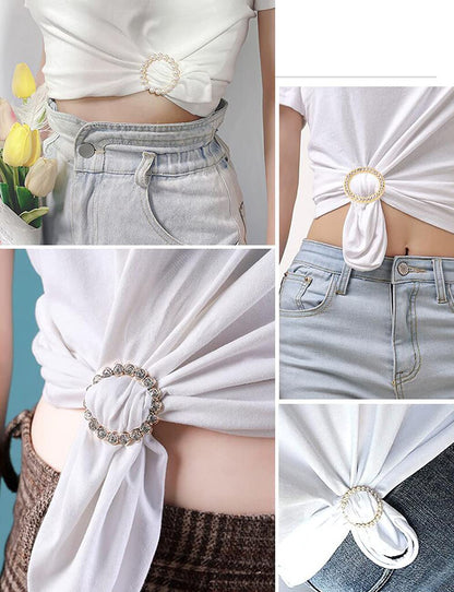 3 Pack Alloy T Shirt Clips Rhinestone Scarf Pearl Clip Buckles 1.9 Inch Round T-shirt Silk Scarves Clothes Waist Tie Decoration Accessories for Women Lady Girls
