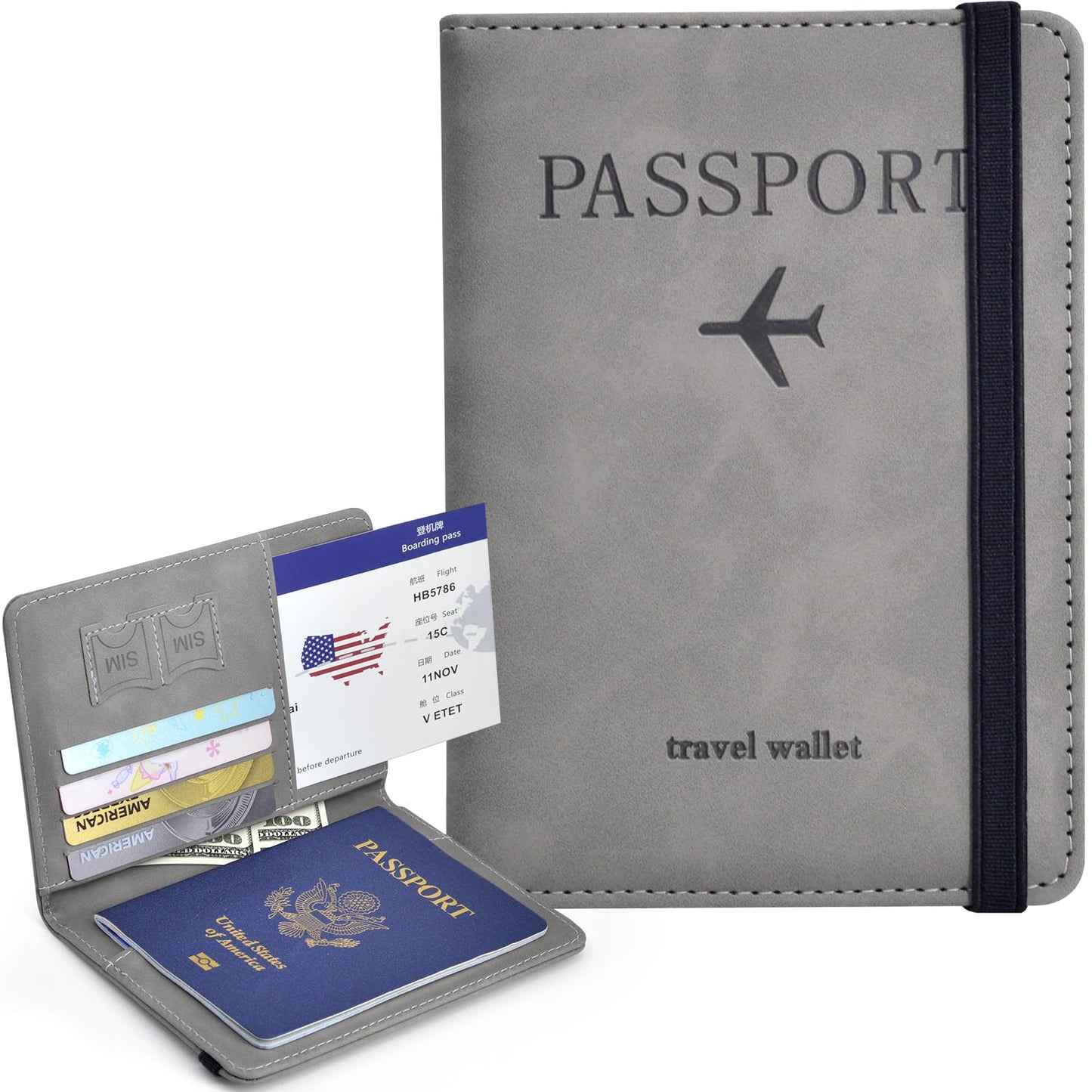 Passport Holder, Passport Cover with Credit Card Slot and Boarding Pass Slot Combo, Passport Wallet Case Book Travel Must Have, RFID Blocking Leather Travel Accessories, Grey