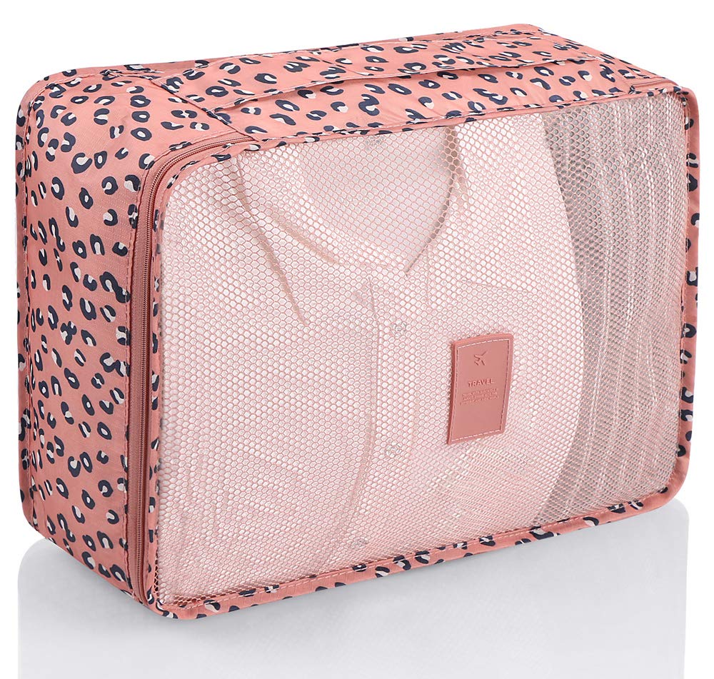 Luggage Cubes,Mossio 7 Pack Lightweight Toiletry Organizer Space Saver Travel Accessories Pink Leopard
