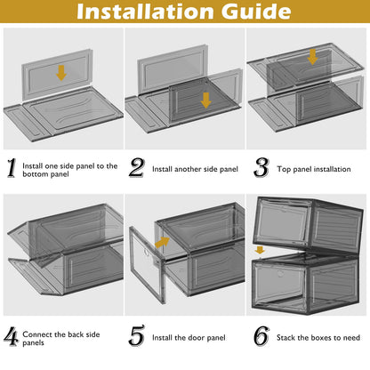 7 code Thicken & Sturdy Clear Shoe Storage Organizer with Magnetic Door, Stackable Boxes for Closet, Foldable Shoe Rack for Sneaker Boot Container, Plastic Shoe Cabinet Shoe Box 6 Pack, Black