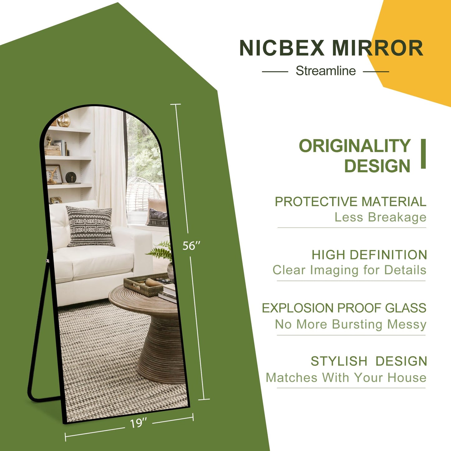 NicBex Arched Full Length Mirror with Stand, 56"x19" Aluminum Alloy Frame Floor Mirror, Black - Free Standing, Leaning Against Wall or Wall-Mounted, for Bedroom Living Room Dressing Room