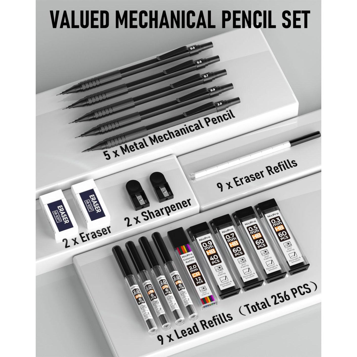Nicpro Black Art Mechanical Pencil Set, 5PCS Metal Drafting Pencils 0.3, 0.5, 0.7, 0.9 mm & 2mm Graphite Lead Holder For Sketching Drawing With 9 Tubes (4B 2B HB 2H Colors) Lead Refills Erasers Case