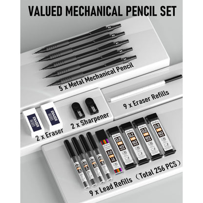 Nicpro Black Art Mechanical Pencil Set, 5PCS Metal Drafting Pencils 0.3, 0.5, 0.7, 0.9 mm & 2mm Graphite Lead Holder For Sketching Drawing With 9 Tubes (4B 2B HB 2H Colors) Lead Refills Erasers Case