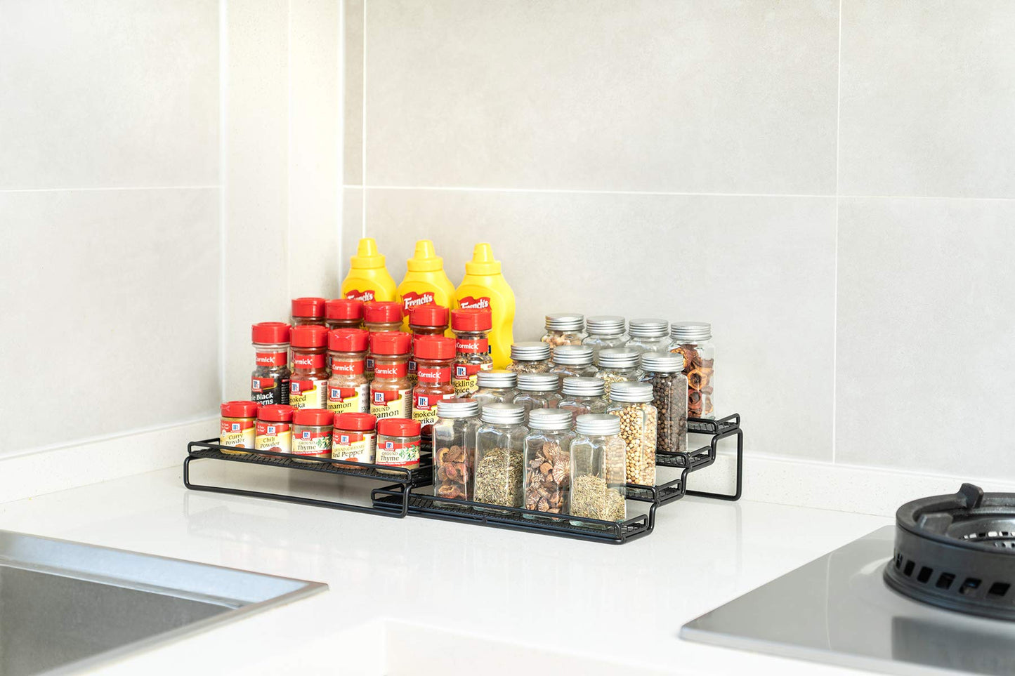 MEIQIHOME 4 Tier Expandable Spice Rack Organizer (11.4 to 22.8 Inch) Step Shelf Spice Storage Holder, for Kitchen Cabinet Countertop Cupboard Pantry, Metal, Black