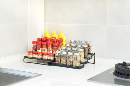 MEIQIHOME 4 Tier Expandable Spice Rack Organizer (11.4 to 22.8 Inch) Step Shelf Spice Storage Holder, for Kitchen Cabinet Countertop Cupboard Pantry, Metal, Black